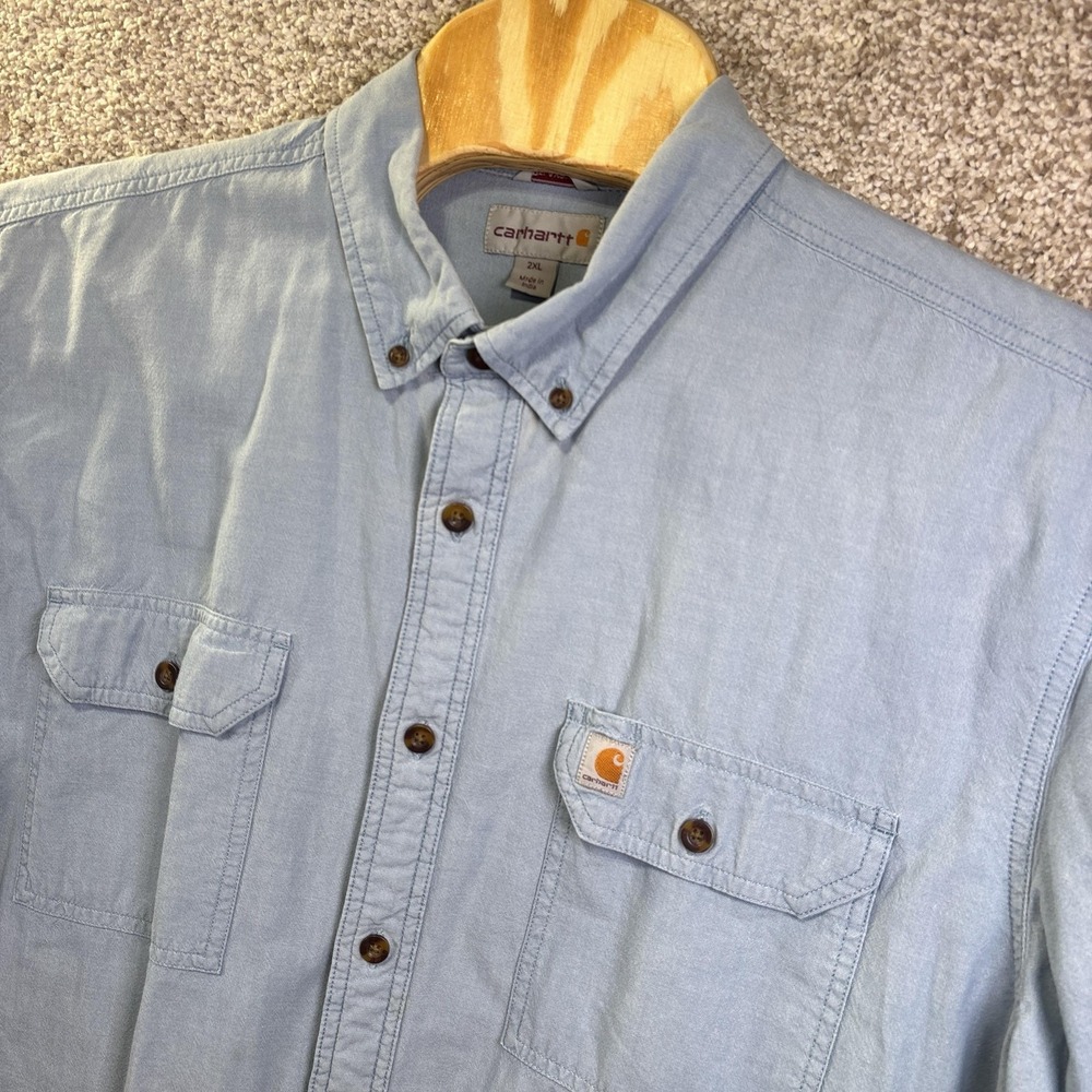Carhartt Shirt Mens 2XL Blue‎ Solid Short Sleeve Button Up Chambray Workwear